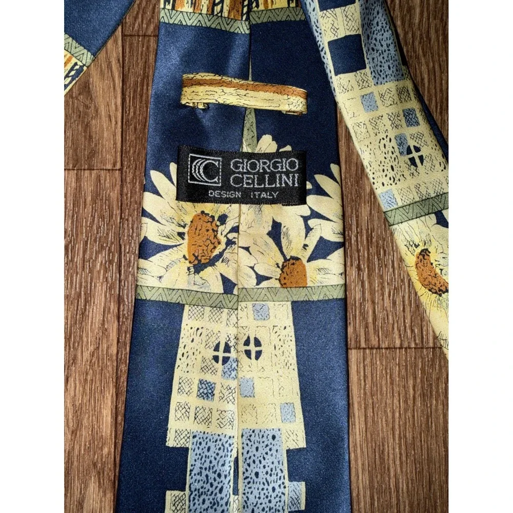 Giorgio Cellini Mens Silk Tie Navy Blue Gold Sunflower Geometric Made in Italy